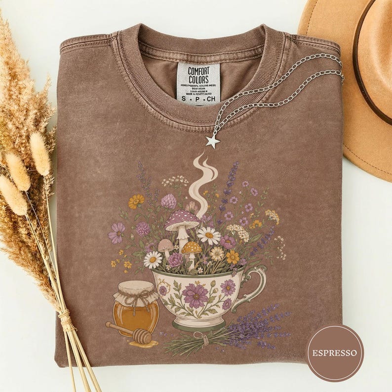 Cottagecore Tea Wildflowers Shirt, Cozy Slow Living Floral Teacup Tee, Cute Botanical Tea Lover Gift, Cottagecore Gift For Women Espresso