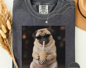 Funny Pug Drinking Boba Tea Tshirt, Pug Dog Mom Gift, Retro Cool Bubble Tea Dog Tee, Cute Pug Lover Gift, Vintage Graphic Tee Gift
