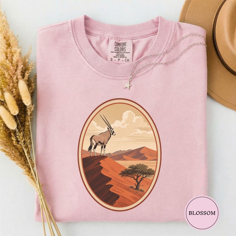 Namibia Oryx Desert Dunes Tee, Sossusvlei Dunes Shirt, Oryx Lover Gift, Namibia Travel Gift, Namibia Vacation Tee, Namib Adventure Blossom