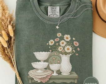 Cottagecore Thrift Haul Still Life Tee, Milk Glass Still Life, Granny Chic Aesthetic, Vintage Glassware Gift, Cottagecore Home Decor