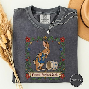 Puede incluir: Una camiseta gris carbón con el gráfico de un conejo marrón que lleva un chaleco azul con un emblema de flor de lis. El conejo está junto a un barril azul y blanco volcado. El texto impreso dice, Forsooth I Am Out of Snacks.