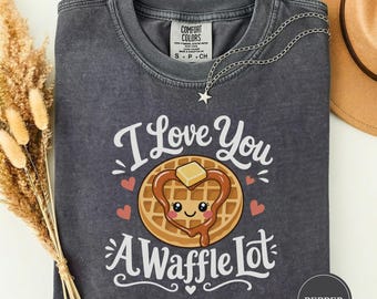 Koszulka "Kocham Cię, a Waffle Lot", słodka koszulka z wafelkami, prezent z humorem na brunch, koszulka z jedzeniem w stylu kawaii, koszulka dla miłośników śniadań, zabawny humor kulinarny, koszulka z grafiką
