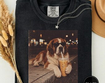 Saint Bernard Drinking Iced Coffee Tee, Saint Bernard Dog Mom Gift, Funny Saint Bernard Meme Tee, Saint Bernard Lover Gift, Coffee Tee