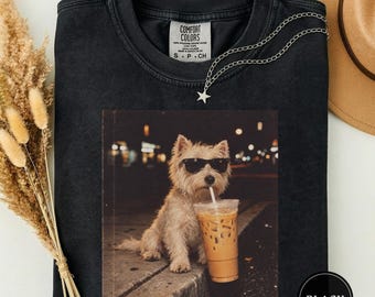 Westie Drinking Iced Coffee Shirt, Westie Dog Mom Gift, Funny Westie Meme Tee, Westie Lover Gift, Cute Westie Dad Shirt, Coffee Dog Tee