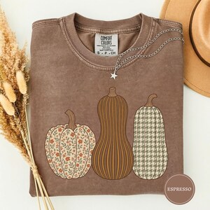 May include: A brown crewneck t-shirt with a Comfort Colors label at the neck. The graphic features three pumpkins: one with a floral pattern, one with vertical stripes, and one with a houndstooth pattern. A silver star necklace rests on the shirt.