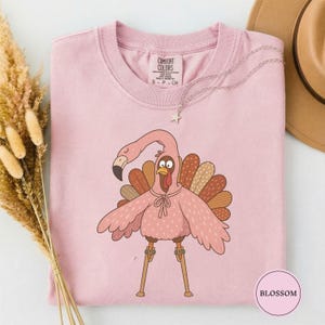 Puede incluir: Una camiseta rosa claro con un gráfico de un pavo que lleva un tocado de flamenco. El pavo tiene plumas de cola con patrones marrones y beige y está de pie sobre dos patas marrones. La camiseta tiene cuello redondo y una etiqueta de Comfort Colors.
