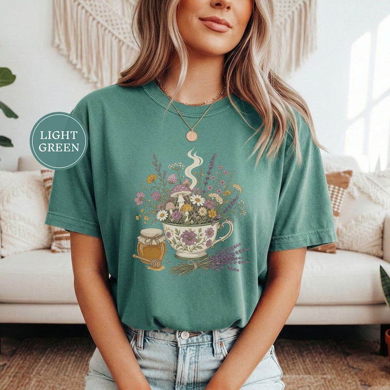 Cottagecore Tea Wildflowers Shirt, Cozy Slow Living Floral Teacup Tee, Cute Botanical Tea Lover Gift, Cottagecore Gift For Women Light Green