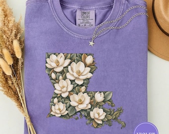 Camiseta com o contorno do estado da Louisiana, flor símbolo da Magnólia, presente para amantes de magnólias, flor oficial da Louisiana, camiseta vintage de magnólia, camiseta do orgulho da Louisiana