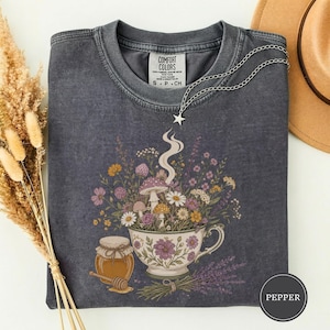 Cottagecore Tea Wildflowers Shirt, Cozy Slow Living Floral Teacup Tee, Cute Botanical Tea Lover Gift, Cottagecore Gift For Women Pepper