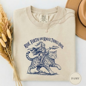 Ride Forth and Knock Things over Tshirt, Funny Knight Cat Woodcut Tee, Medieval Cat Lover Gift, Vintage Fantasy Cat Shirt, Cat Meme Tee