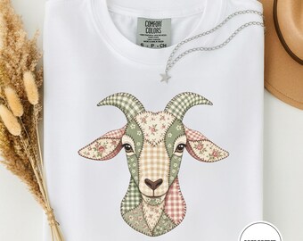Faux Patchwork Goat Head Tee, Patchwork Goat Print, Quilt Block Goat, Farmhouse Goat Tee, Cottagecore Goat Gift, Crafty Maker Gift