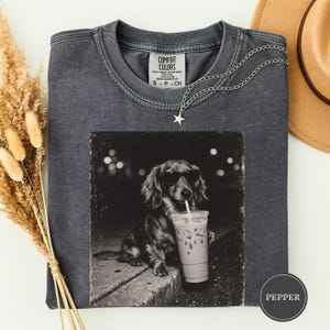 Puede incluir: Una camiseta de cuello redondo gris carbón con un gráfico en blanco y negro de un perro salchicha de pelo largo con gafas de sol, bebiendo de un vaso de plástico con pajita. La prenda incluye una etiqueta Comfort Colors y un collar de estrella.