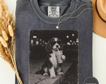 Cockapoo Drinking Iced Coffee Shirt, Black and White Dog Tee, Funny Cockapoo Meme Tee, Cockapoo Lover Gift, Cute Cockapoo Dad Shirt