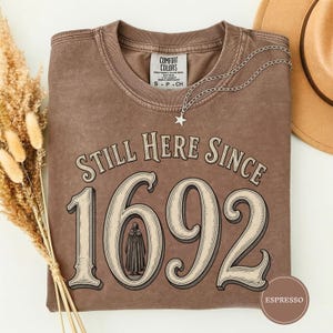 Peut inclure: Un t-shirt marron à manches courtes avec un col rond. L'avant présente le texte "STILL HERE SINCE 1692" dans une police décorative, avec une petite illustration d'une silhouette encapuchonnée dans le zéro. Un collier étoile argenté est posé dessus.