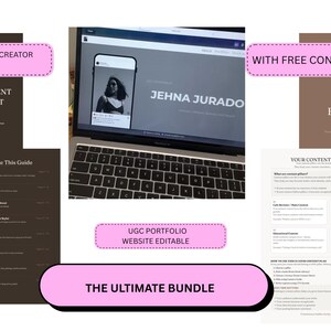 May include: A digital content creator bundle featuring a 50-page brand kit, a content execution planner, and an editable UGC portfolio website. The documents are displayed in dark brown and white with text including The Ultimate Content Creator Brand Kit.