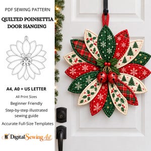 Op de afbeelding: Een PDF-naaipatroon voor een gewatteerde poinsettia-deurhanger, inclusief A4, A0 en US letter-formaten. Het ontwerp bevat een beginnersvriendelijke, stapsgewijze geïllustreerde handleiding met nauwkeurige sjablonen van Digital Sewing Art.