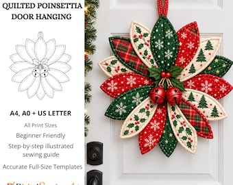 Pode incluir: Um molde de costura em PDF para um enfeite de porta de poinsétia acolchoado, com tamanhos de impressão A4, A0 e US Letter. Inclui um guia de costura ilustrado passo a passo para iniciantes e moldes da Digital Sewing Art.