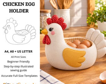 Pode incluir: Um molde de costura em PDF para um suporte de ovos em forma de galinha com o texto PDF SEWING PATTERN CHICKEN EGG HOLDER A4, A0 + US LETTER All Print Sizes Beginner Friendly Step-by-step illustrated sewing guide Accurate Full-Size Templates Digital Sewing Art.