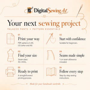 Pode incluir: Um gr&aacute;fico informativo para moldes de cal&ccedil;as palazzo da DigitalSewingArt. Apresenta seis passos numerados: op&ccedil;&otilde;es de impress&atilde;o A4, US Letter e A0, orienta&ccedil;&atilde;o para iniciantes, sete tamanhos de XS a XXXL, margem de costura de 1 cm, impress&atilde;o e instru&ccedil;&otilde;es.