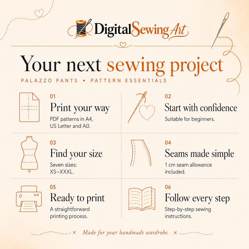 Pode incluir: Um gr&aacute;fico informativo para moldes de cal&ccedil;as palazzo da DigitalSewingArt. Apresenta seis passos numerados: op&ccedil;&otilde;es de impress&atilde;o A4, US Letter e A0, orienta&ccedil;&atilde;o para iniciantes, sete tamanhos de XS a XXXL, margem de costura de 1 cm, impress&atilde;o e instru&ccedil;&otilde;es.
