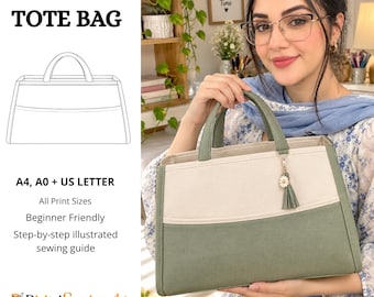 Pode incluir: Um molde de costura em PDF para uma bolsa tote com o texto PDF SEWING PATTERN TOTE BAG, A4, A0 + US LETTER, All Print Sizes, Beginner Friendly, Step-by-step illustrated sewing guide e Digital Sewing Art.