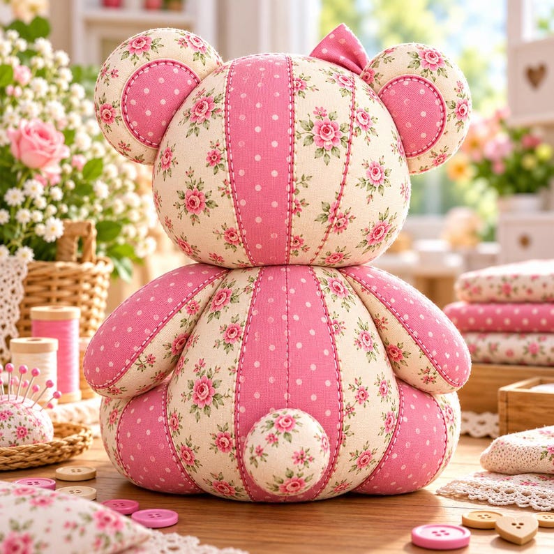 Pode incluir: Um urso de peluche feito de pain&eacute;is alternados de tecido creme com estampa de rosas cor-de-rosa e tecido rosa liso com bolinhas brancas. O urso apresenta orelhas arredondadas, um pequeno la&ccedil;o na cabe&ccedil;a e uma cauda redonda nas costas.