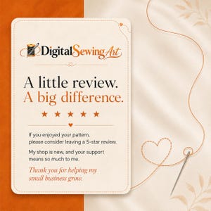 Pode incluir: Um cart&atilde;o retangular com cantos arredondados com o texto DigitalSewingArt, A little review. A big difference., e cinco estrelas. O texto pede uma avalia&ccedil;&atilde;o de 5 estrelas para o molde. Uma agulha e linha em forma de cora&ccedil;&atilde;o s&atilde;o vis&iacute;veis.