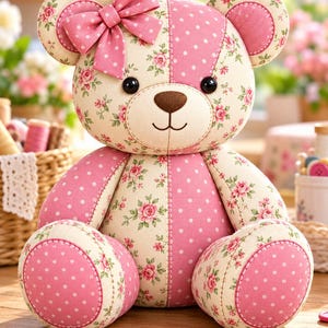 Pode incluir: Um urso de peluche feito de pain&eacute;is alternados de tecido creme com padr&atilde;o floral de rosas cor-de-rosa e tecido rosa s&oacute;lido com bolinhas brancas. O urso apresenta um la&ccedil;o a condizer com bolinhas cor-de-rosa na cabe&ccedil;a e olhos de bot&atilde;o pretos.
