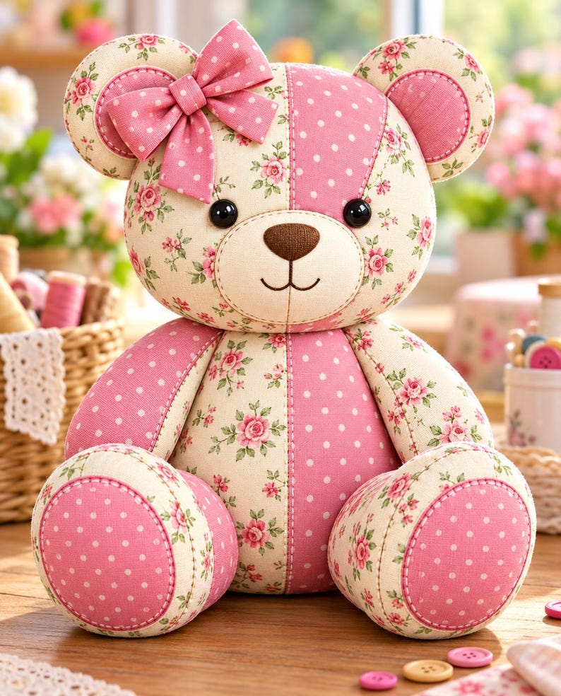 Pode incluir: Um urso de peluche feito de pain&eacute;is alternados de tecido creme com padr&atilde;o floral de rosas cor-de-rosa e tecido rosa s&oacute;lido com bolinhas brancas. O urso apresenta um la&ccedil;o a condizer com bolinhas cor-de-rosa na cabe&ccedil;a e olhos de bot&atilde;o pretos.