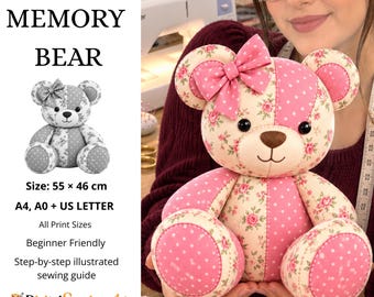 Memory Bear Sewing Pattern PDF | Patchwork Blossom Teddy | A4, A0 & US Letter