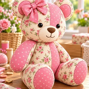 Pode incluir: Um urso de peluche feito de pain&eacute;is de tecido com padr&otilde;es alternados de rosas cor-de-rosa sobre um fundo creme e bolinhas brancas sobre um fundo cor-de-rosa. O urso tem um la&ccedil;o de tecido rosa na cabe&ccedil;a, olhos de contas pretas e um nariz castanho.