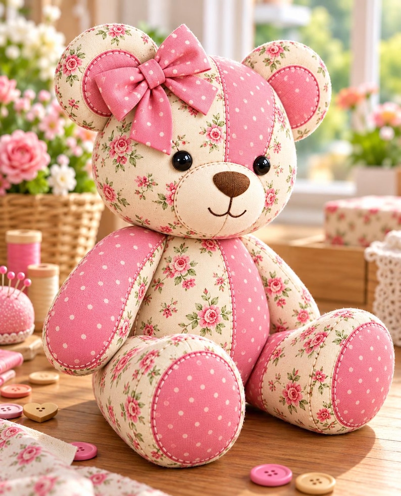 Pode incluir: Um urso de peluche feito de pain&eacute;is de tecido com padr&otilde;es alternados de rosas cor-de-rosa sobre um fundo creme e bolinhas brancas sobre um fundo cor-de-rosa. O urso tem um la&ccedil;o de tecido rosa na cabe&ccedil;a, olhos de contas pretas e um nariz castanho.