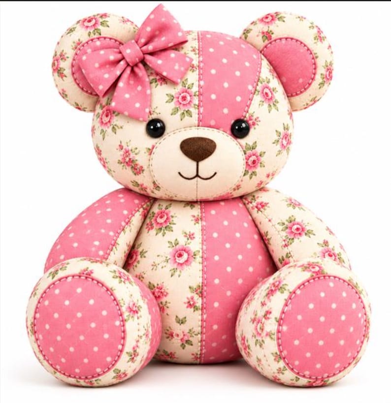 Pode incluir: Um urso de peluche feito de tecido patchwork com pain&eacute;is alternados de bolinhas cor-de-rosa e um fundo creme com um padr&atilde;o floral de rosas cor-de-rosa. O urso tem um nariz castanho bordado, olhos pretos e um la&ccedil;o de tecido rosa na cabe&ccedil;a.
