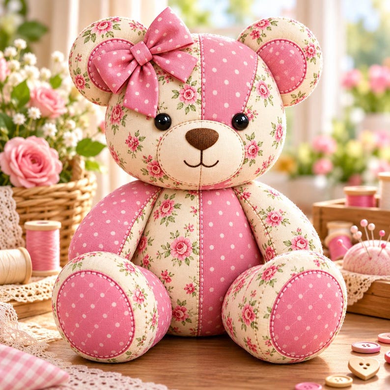 Pode incluir: Um urso de pel&uacute;cia feito de tecido patchwork com pain&eacute;is alternados de bolinhas rosas e tecido creme com um padr&atilde;o floral de rosas rosas. O urso tem um grande la&ccedil;o rosa na cabe&ccedil;a, olhos de bot&atilde;o pretos e um nariz costurado em marrom.