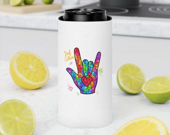 Rainbow ASL Love hand Can Cooler | Deaf Culture beverage koozie