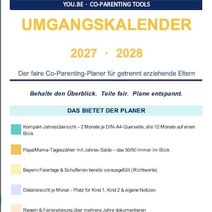 Könnte beinhalten: Ein weißer Informationsflyer für einen Co-Parenting-Kalender 2027-2028 mit dem Titel UMGANGSKALENDER. Er enthält ein blaues Atom-Logo, dunkelblaue Überschriften und eine Liste von Funktionen wie Jahresübersichten, Tageszähler, Feiertage und farbcodierte Planungshilfen.