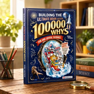 May include: A hardcover book titled Building the Ultimate Brain 100000 Whys by Doris Unitrow. The dark blue cover features a rocket, a dinosaur, and cartoon characters in a roller coaster, with the text Fun and Joyful Science and Discover Explore Learn Grow.