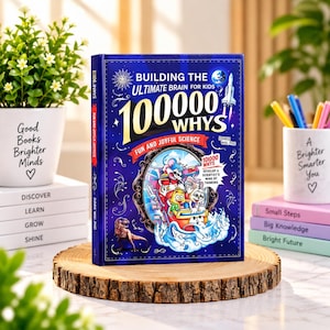 May include: A blue hardcover book titled Building the Ultimate Brain for Kids 100000 Whys Fun and Joyful Science by Doris Wal PhD. The cover features a central illustration of cartoon animals on a roller coaster, a dinosaur, and a rocket ship.