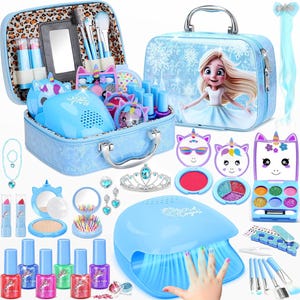May include: A light blue makeup and nail art kit in a carrying case featuring a cartoon character. Includes a nail dryer, various nail polishes, lipsticks, eyeshadow palettes with unicorn designs, a tiara, a necklace, brushes, and hair extensions.