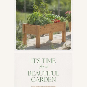 Peut inclure: Un bac potager surélevé en bois rectangulaire sur quatre pieds, rempli d'herbes vertes et de tomates rouges. Sous l'image, le texte indique : IT'S TIME for a BEAUTIFUL GARDEN. Créez votre propre jardin avec ce bac potager surélevé !
