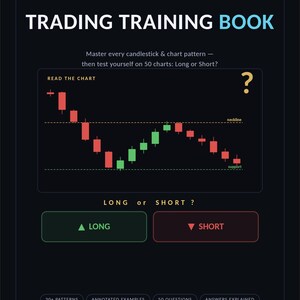 Peut inclure: Un livre d'entraînement au trading noir avec le titre TRADING TRAINING BOOK en texte blanc et bleu. La couverture présente un graphique en chandeliers avec des barres rouges et vertes, un point d'interrogation jaune et des boutons LONG et SHORT.