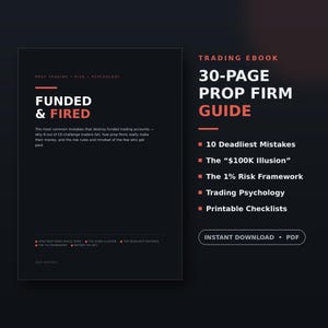 Op de afbeelding: Een 30 pagina's tellend trading e-book getiteld Funded & Fired, met een donkere achtergrond en witte en koraalkleurige tekst. De gids behandelt prop firm trading, risico en psychologie, inclusief 10 dodelijke fouten, de $100K illusie en checklists.