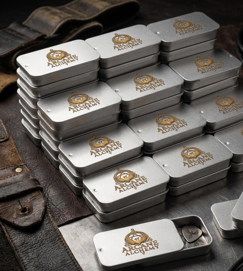 May include: A stack of rectangular silver metal tins, each featuring a gold-colored logo with the text Arcane Alchemy. One tin is open at the bottom, revealing a small guitar pick inside. The tins are arranged in a cluster on a dark surface.