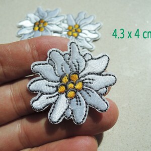 Könnte beinhalten: Weißer gestickter Edelweiß-Blumen-Patch mit gelber Mitte. Der Patch misst 4,3 x 4 cm.