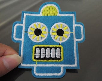 Robot Patches - Iron on Patches or Sewing on Patch Blue Yellow Patches Embroidered Patch Robots Embellishment