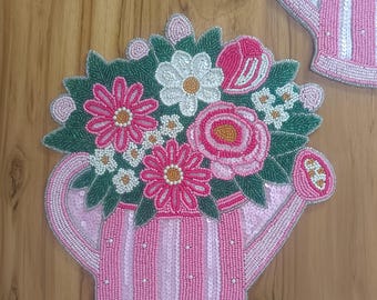 Handmade Beaded Watering Can Table Placemat, Floral Beaded Coaster Mat, Pink Daisy Dining Table Setting, Garden Party Table Decor.