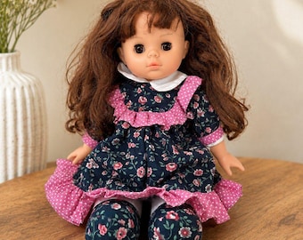 Vintage Brunette Girl Doll Floral Dress Brown Eyes Soft Body Collectible Toy