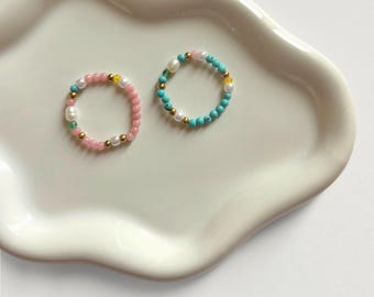 Pink Stone Beaded Pearl Accent Ring
