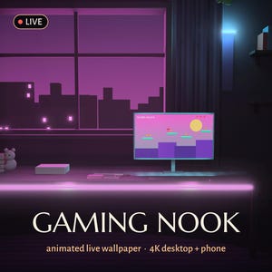 May include: A digital illustration of a gaming desk setup featuring a computer monitor displaying a platform game, a small white figurine, a stack of books, and a window with a city skyline view, labeled LIVE and GAMING NOOK.