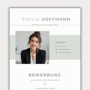 May include: A professional CV template featuring the name Emilia Hoffmann, the title Marketing Managerin, and contact details including a phone number, email, and address. It includes a photograph of a person in a black blazer and white shirt.